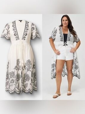 Torrid Size 2 2X White Cotton Boho Scalloped Embroidered Open Front Midi Kimono